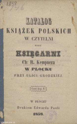 Catalog of Polish books in the reading room at the bookshop of Chaim Rafał Kempner in Płock at Grodzka Street (cover), 1858